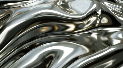 Shiny metallic surface with flowing, wavy patterns and reflections.