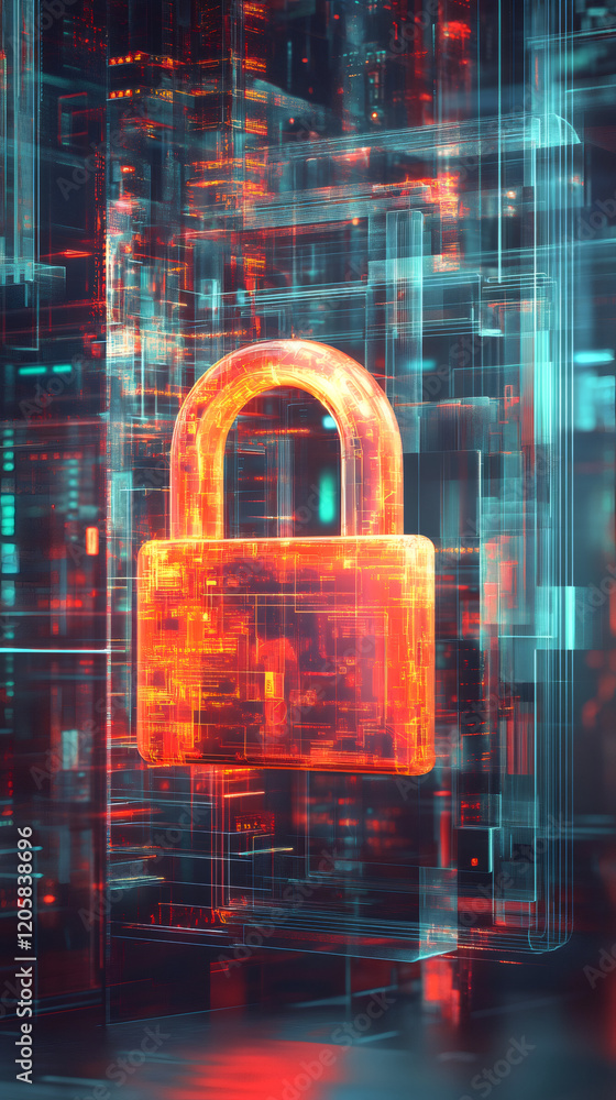Fototapete protecting sensitive data with a futuristic glowing padlock in a complex digital environment, ensuri