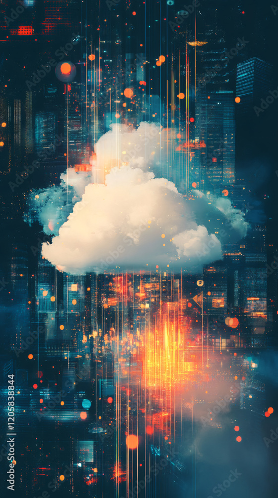 Fototapete Futuristic cityscape networking, cloud computing infrastructure visualizing digital data transfer and technological innovation connections