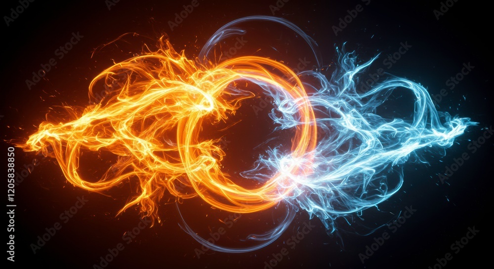 Poster fire and ice: an abstract and dynamic illustration of fire and ice intertwined in a mesmerizing danc