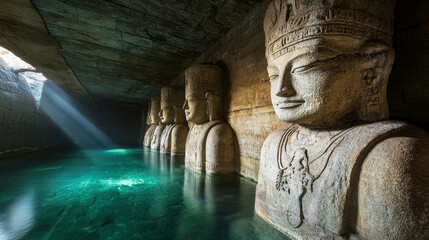 Enormous Underground Temple Complex with Ancient Statues and Serene Water Reflection