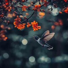 Fototapeta premium Hummingbird Hovering Near Vibrant Red Orange Flowers on Blurred Natural Background