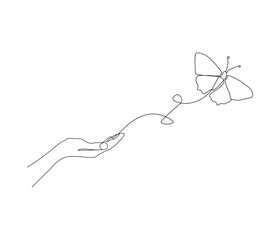Continuous one line drawing of hand holding butterfly . Beautiful flying moth for wellbeing beauty or spa salon logo in simple linear style  . Concept vector art . Doodle line illustration.