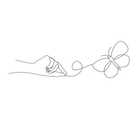 Continuous one line drawing of hand holding butterfly . Beautiful flying moth for wellbeing beauty or spa salon logo in simple linear style  . Concept vector art . Doodle line illustration.
