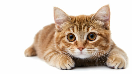 Obraz premium Adorable ginger kitten lying down, looking at the camera with big, curious eyes. Perfect for pet, animal, or veterinary websites.