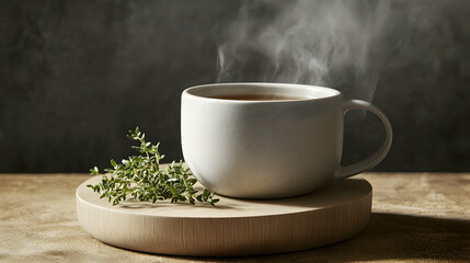 Aromatic herbal tea steaming in a rustic mug, rests on a wooden coaster with fresh thyme sprig.  Perfect for wellness, health, and relaxation themes.