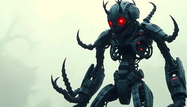 A menacing robotic creature stands in a misty landscape