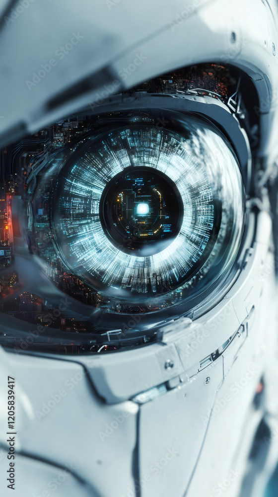 Aufkleber Close-up of a robotic eye revealing intricate circuitry and data streams, suggesting advanced artificial intelligence and visual processing capabilities