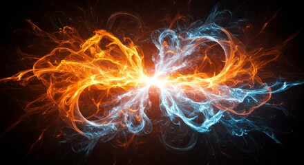 Fiery Infinity: A mesmerizing abstract image depicting the infinity symbol, formed by swirling flames of fire and ice, creating a captivating visual representation of duality and eternal balance. 