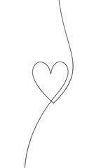 Heart one line drawing in the middle of a vertical line, Continuous black thin line on a white background