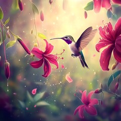 Hummingbird Hovering Over Vibrant Floral Garden In Spring