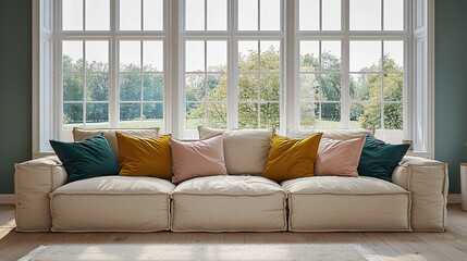 A minimalist Scandinavian-style living room with a beige sectional sofa and soft throw pillows in mustard, blush, and teal, complemented by large windows offering a serene view.