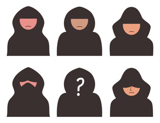 A collection of hooded figures showcasing various facial expressions, ideal for illustrating anonymity and mystery in design projects.