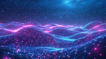A vast digital landscape under a deep blue night sky, featuring interconnected glowing nodes and lines that resemble a futuristic network