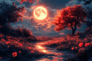 Enchanted Forest at Night with Red Moon and Glowing Flowers