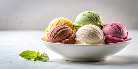 A delightful assortment of creamy ice cream scoops in a pristine white bowl, garnished with a sprig of refreshing mint leaves, ready to be enjoyed