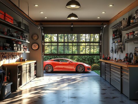 Well-organized modern garage interior with red sports car and ample storage