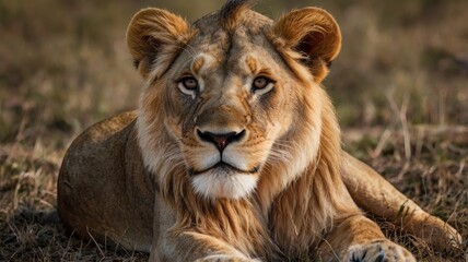 Fototapeta premium The majestic lion rests in tall grass, its keen eyes facing forward with an alert expression that commands attention.