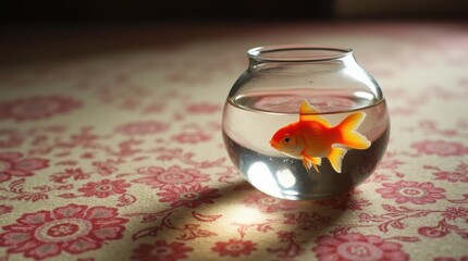 Goldfish in Glass Bowl on Intricate Carpet