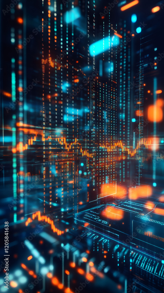 Poster financial data streaming through luminous digital graphs, revealing dynamic market trends with glowi