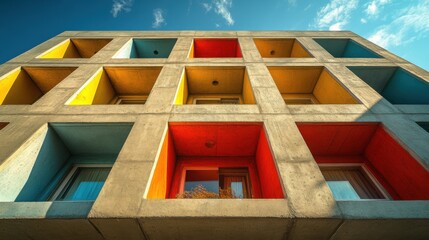 a hiresoltution picture of A full-view high-rise brutalist apartment building with a retro concrete block design, showing the entire structure