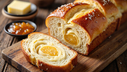 Sliced brioche loaf with lemon filling on rustic wooden table, delicious treat