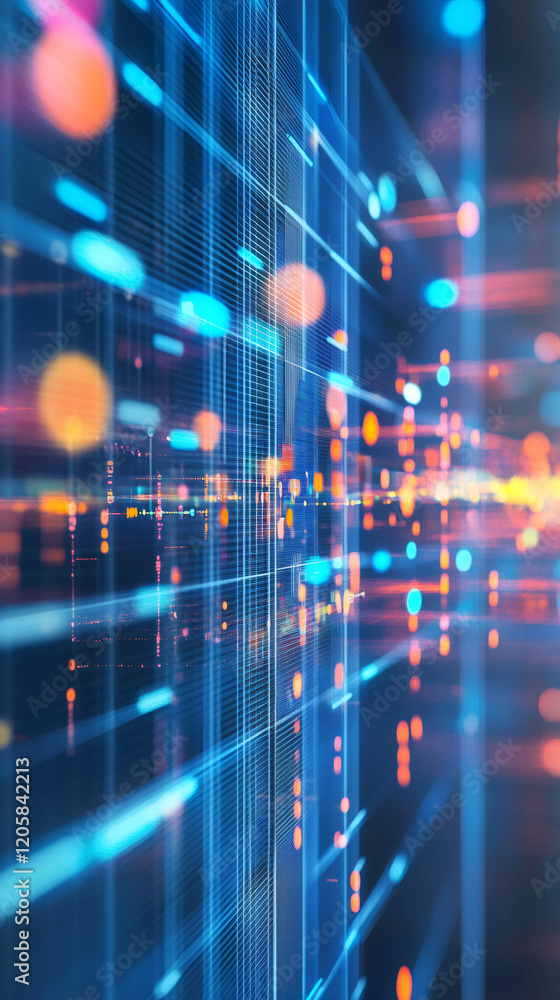 Poster abstract server room perspective with colorful bokeh and data streams moving fast, representing big 