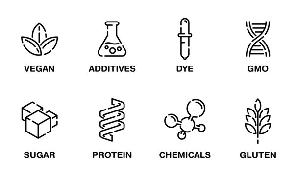 Icons set of additives for labeling, in linear style
