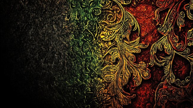 Golden filigree, reggae colors, textured background, design element