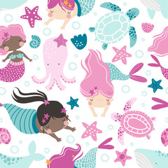 Vector seamless pattern with cute girls princess mermaids, fish, whale, turtle, octopus, shells, starfish and bubbles. Ocean. Sea. Creative kids texture for fabric, wrapping, textile, wallpaper.