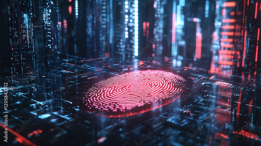 Poster a glowing red fingerprint displayed in a high-tech digital interface, surrounded by a futuristic cyb