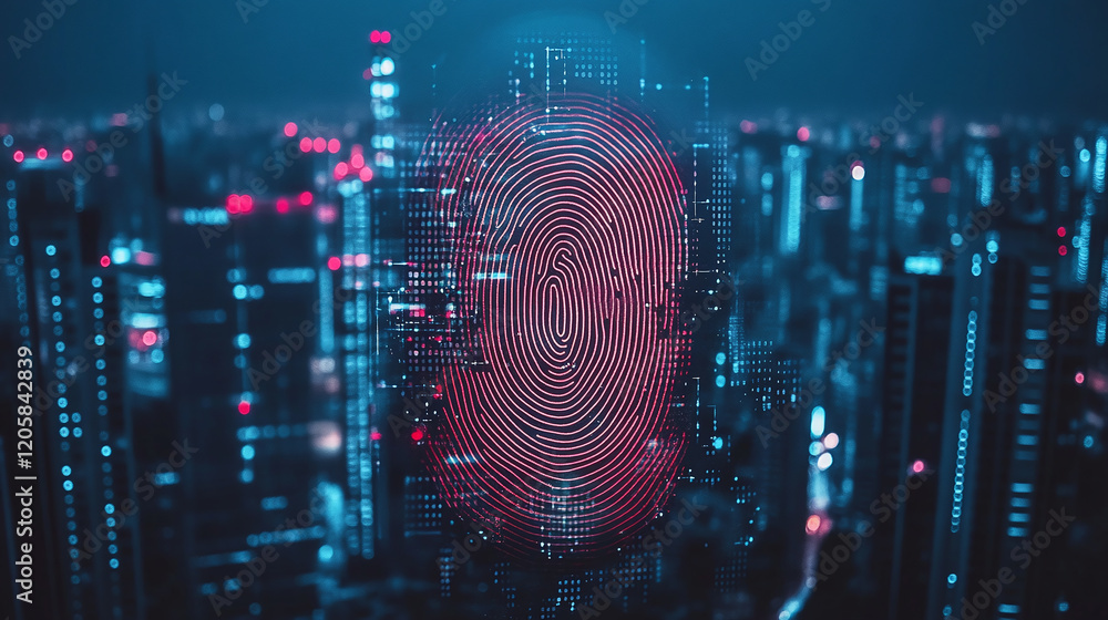 Poster a glowing red fingerprint displayed in a high-tech digital interface, surrounded by a futuristic cyb
