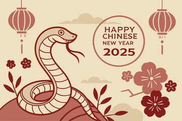 Fototapeta premium celebration of Chinese New Year 2025, highlighting the Year of the Snake. With bright colors and traditional elements like red lanterns and elegant snake motifs, the image captures a festive and cultu