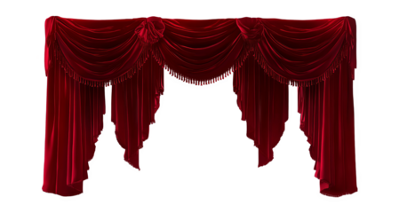 Elegant Red Drapery with Pleats and Fringe Framing a Space for Events or Performances