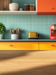 Retro-style wooden tabletop in a bright kitchen with colorful appliances, perfect for display