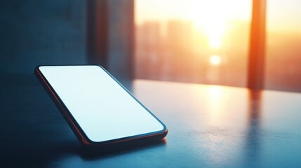 Blank phone screen sunset city office mockup
