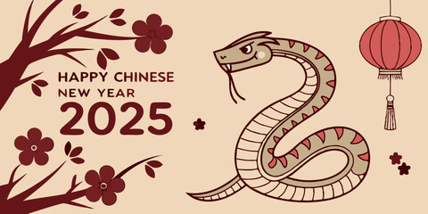 Obraz premium celebration of Chinese New Year 2025, highlighting the Year of the Snake. With bright colors and traditional elements like red lanterns and elegant snake motifs, the image captures a festive and cultu