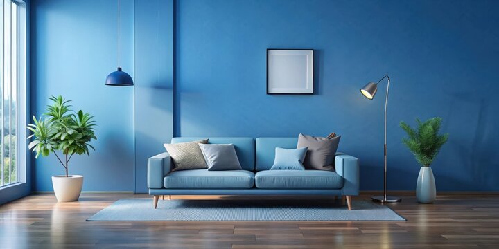 A serene and calming blue room with modern decor featuring a minimalist sofa