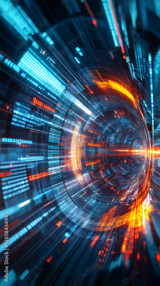 Poster abstract digital information forming a tunnel of data flowing through cyberspace with orange and blu
