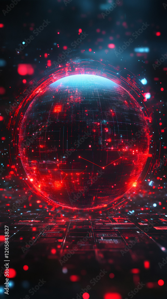 Aufkleber red digital sphere with integrated circuit pattern floating over matching futuristic circuit board w