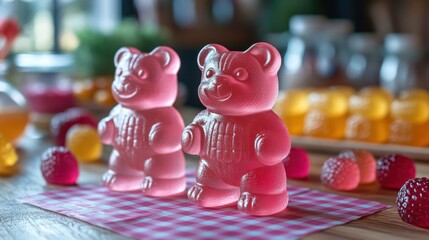 Obraz premium 3 HARIBO jelly(Gummy Bear) pink check board background on top view.