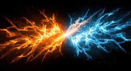 Fire and Ice: A dynamic abstract concept where fiery orange flames clash with icy blue energy in a swirling vortex of power. The opposing forces create an mesmerizing visual contrast.