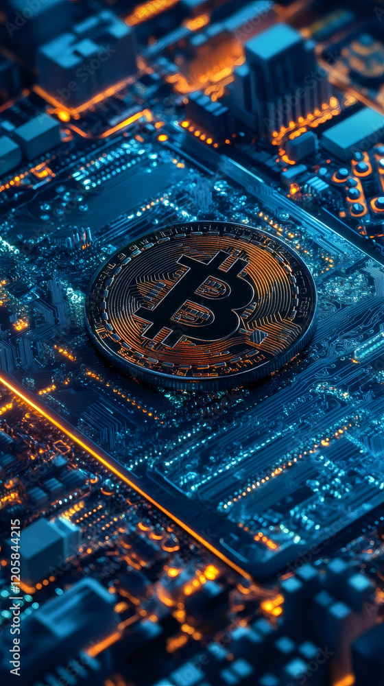 Leinwandbilder golden bitcoin resting on glowing electronic circuit, representing cryptocurrency mining and blockch
