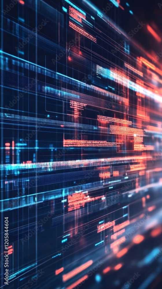 Poster data processing displayed on a computer screen with blue and red lights, illustrating big data, soft