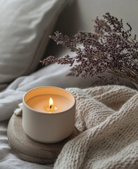 Lit Candle on Wooden Tray with Lavender and Blanket Soft Focus Still Life Setting