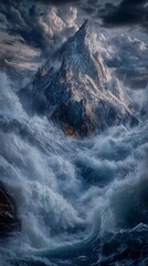 Obraz premium Majestic Mountain Peak Engulfed in Stormy Seascape