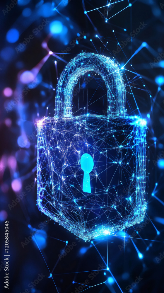 Poster polygonal padlock with glowing edges and keyhole representing cybersecurity in abstract digital spac