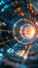 Obraz premium Data stream flowing through futuristic fiber optic cable tunnel transmitting internet and network information through cyberspace
