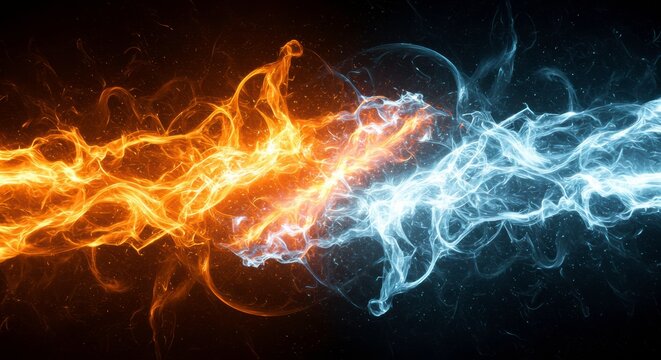 Fire vs Ice: An abstract clash of vibrant orange flames and icy blue energy, creating a dynamic and visually striking image that symbolizes opposing forces.