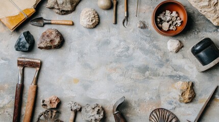 Paleontology tools & fossils arranged on grey surface, notebook background, educational purpose